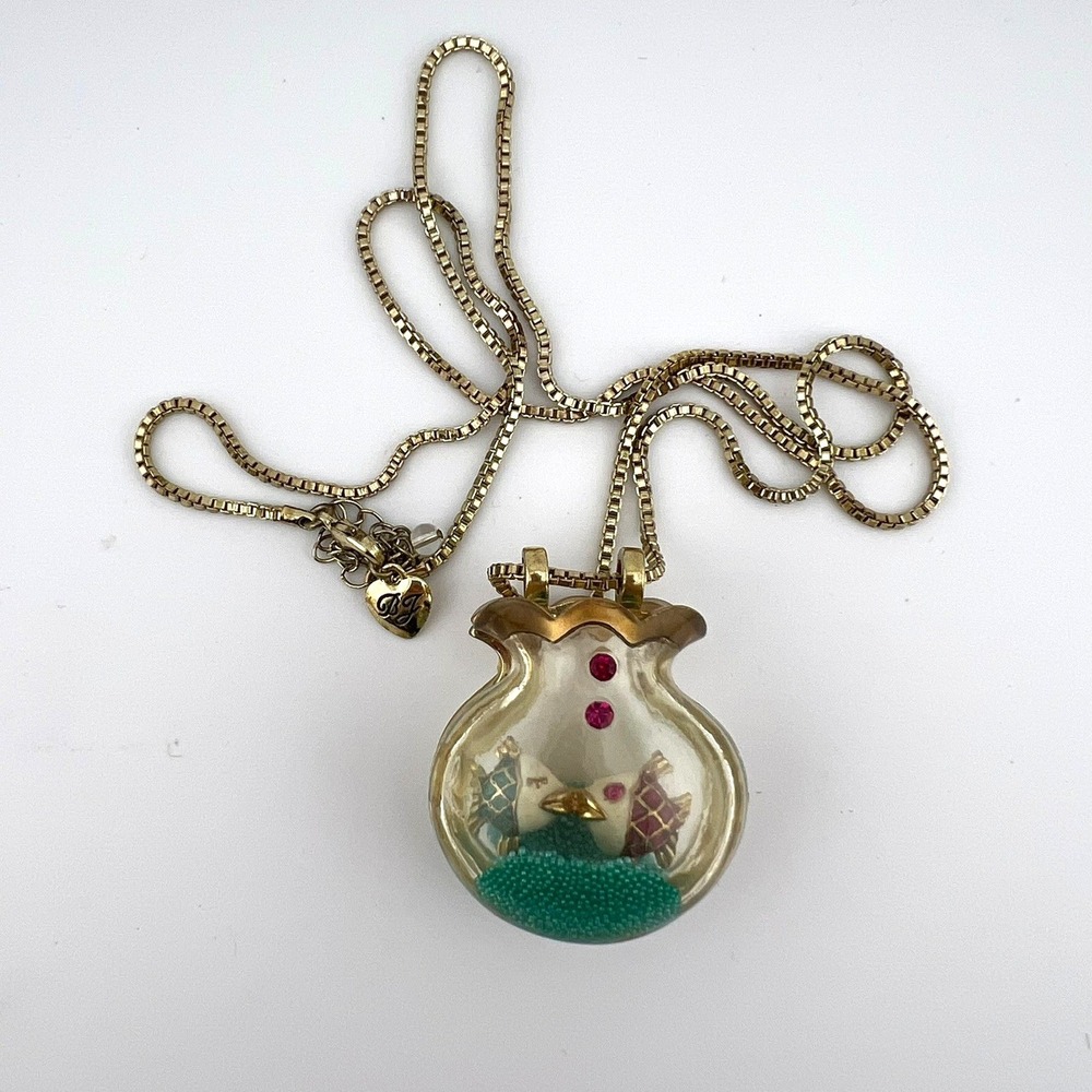 Betsey Johnson Fishbowl Necklace Gold‎ Tone Kissing Fish Statement Pendant